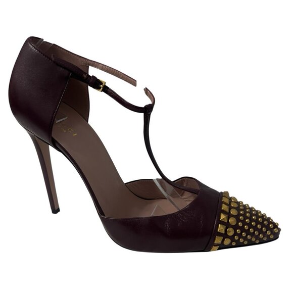 Gucci Coline Studded T-Strap Pumps Burgundy Gold Spikes Leather 40.5 Italy - Picture 1 of 15